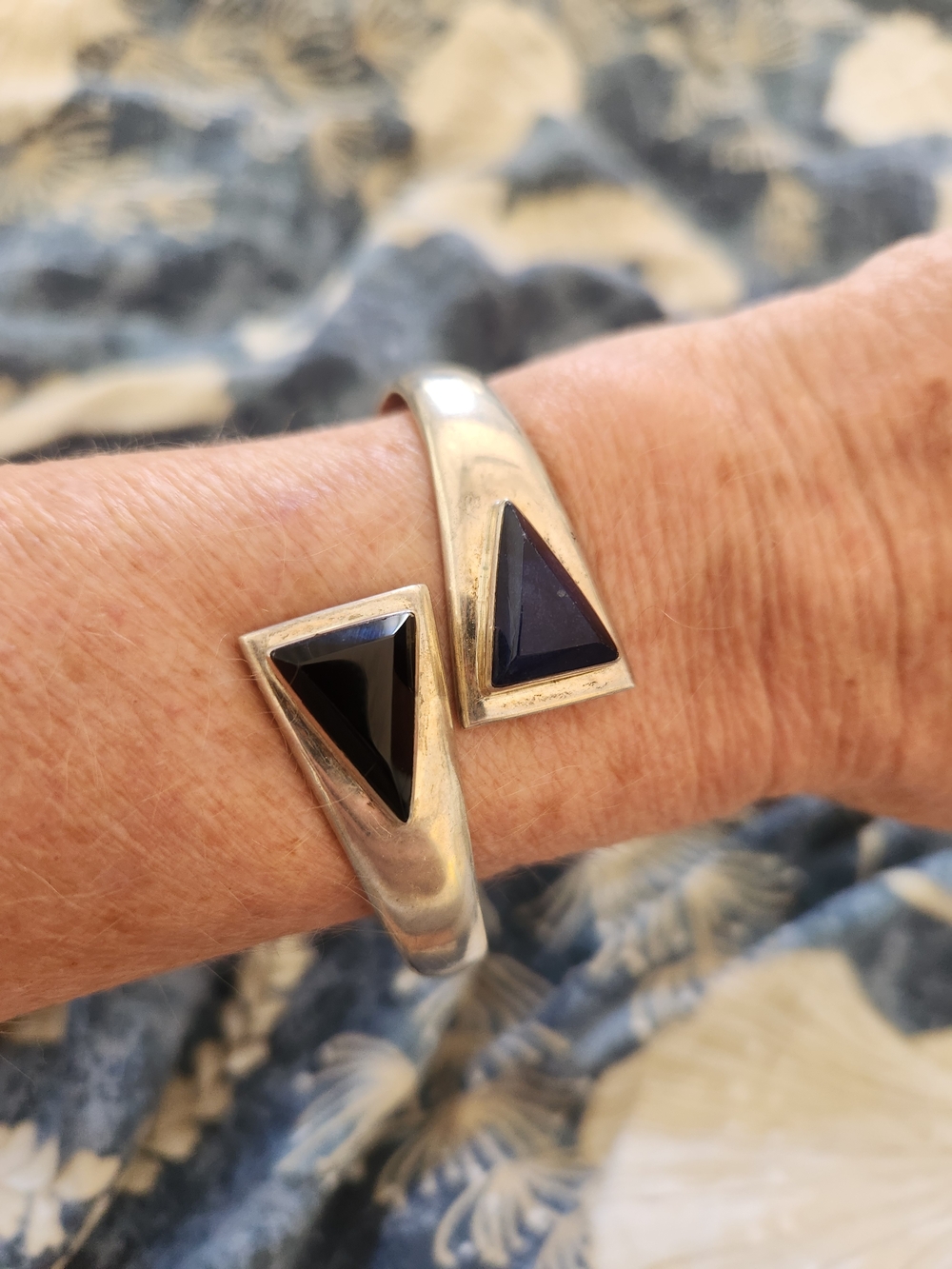 Taxco Sterling Silver Clamper Bracelet With Triangle Stones